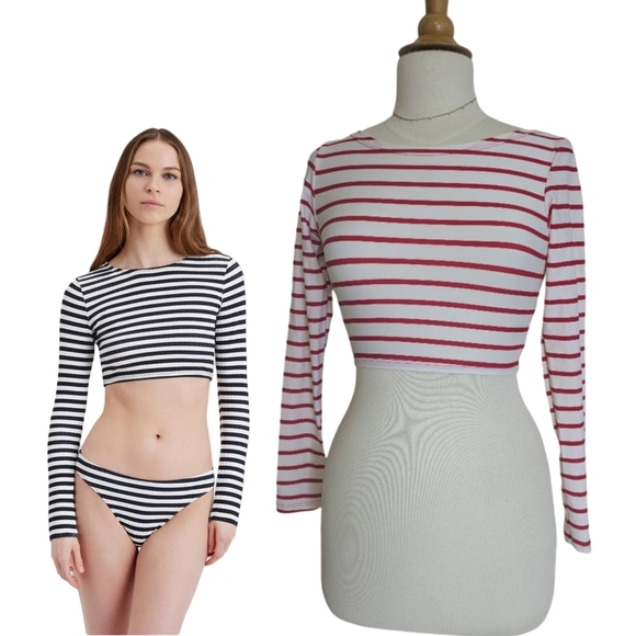 Quinstoul Crop Rashguard Red & White Striped Long Sleeve Size XS - Picture 2 of 8